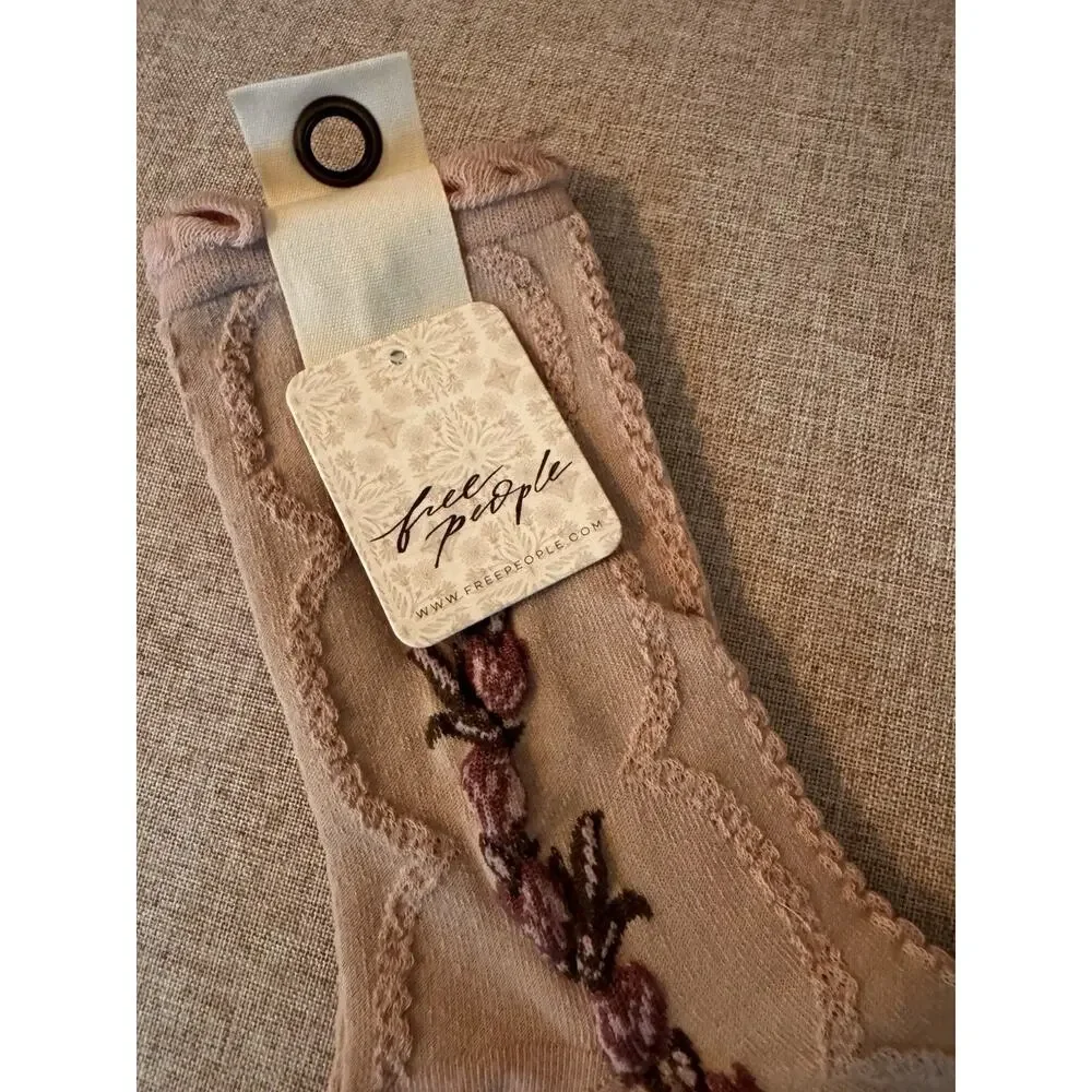 Free People Floral Embroidery Pink Socks NWT
